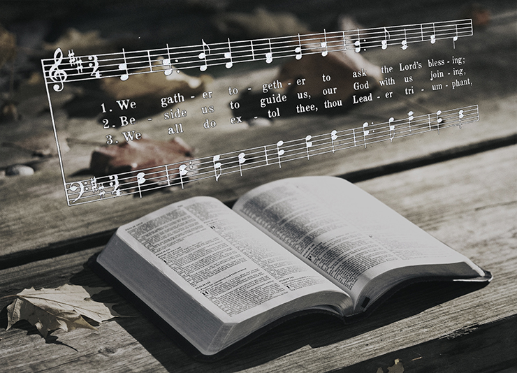 open Bible and hymn tune